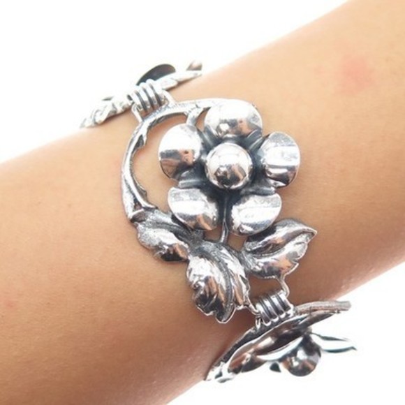 925 Sterling Silver Antique Art Deco Flower Blossom Oxidized Bracelet 7